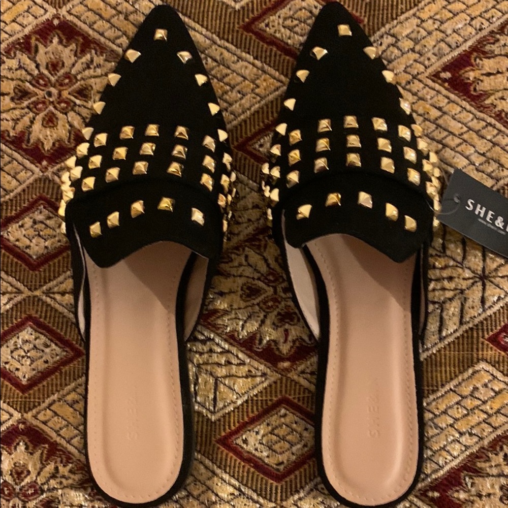 SHEIN Black and Gold Studded Suede Mules - Picture 3 of 7
